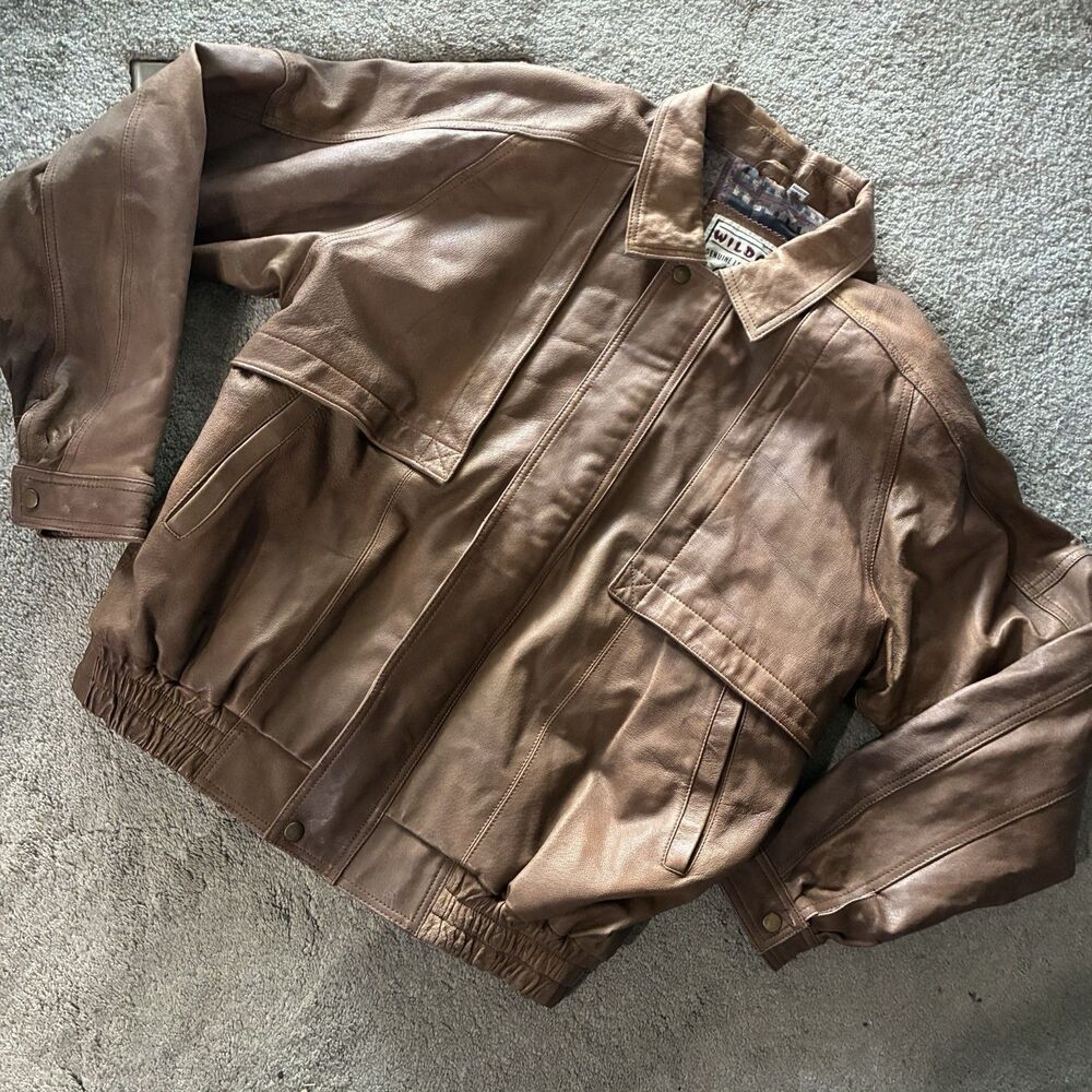 Vintage Wilda Genuine Leather Bomber Jacket Brown USA Print Lined Oversized XL